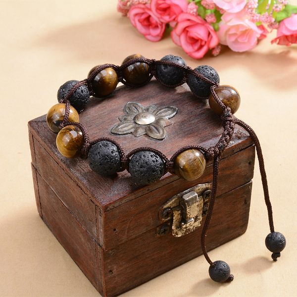 Naturstein-Yoga-Armband, Webseil, 12 mm, Tigerauge, Lava-Chakras-Armbänder, Aromatherapie, verstellbar, Kimter-B675L Z