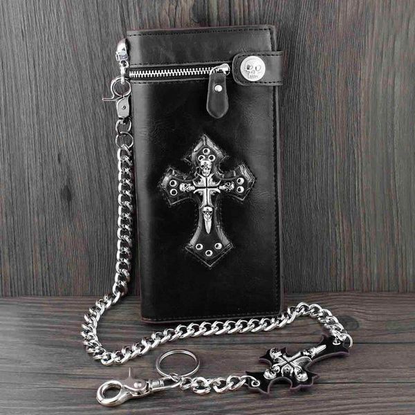 

Whole ale punk rock kull cro brown black men leather long card money wallet pur e with chain for gift