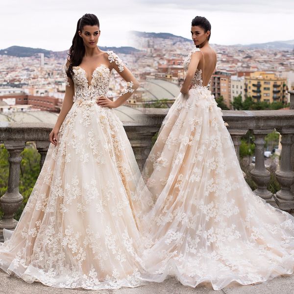 

пользовательские кружевные свадебные платья 2018 с длинными рукавами аппликация scoop neck развертки поезд линия backless свадебные платья, White