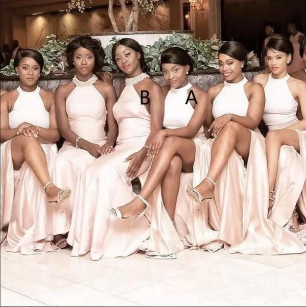 

halter sleeveless long bridesmaid dresses 2020 two styles side split mermaid maid of honor gowns african wedding party wear, White;pink
