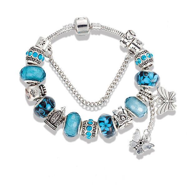 

charm 925 silver bracelets for women royal crown beads butterfly and owl flower charms diy jewelry christmas gift, Golden;silver