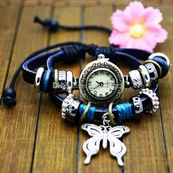 Mulheres National Weave Corda Borboleta Pingente Charme Watch Preto Genuíno de Couro De Couro Trundle Pulseira Pulseira Relógios Retro Relógio de Pulso