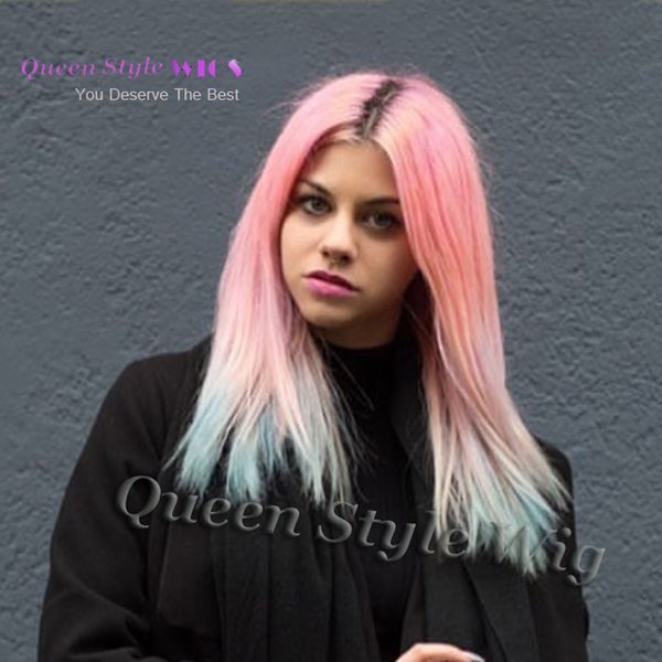 Ombre Pink Teal Pastel Blue Color Hair Wig Synthetic Hair None