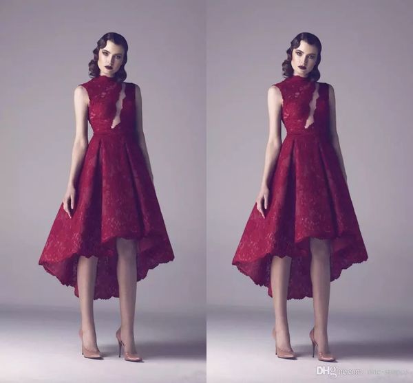 

krikor jabotian 3d lace floral arabic dubai high neck dark navy evening dress high low party gown sleeveless formal homecoming dress, Black;red