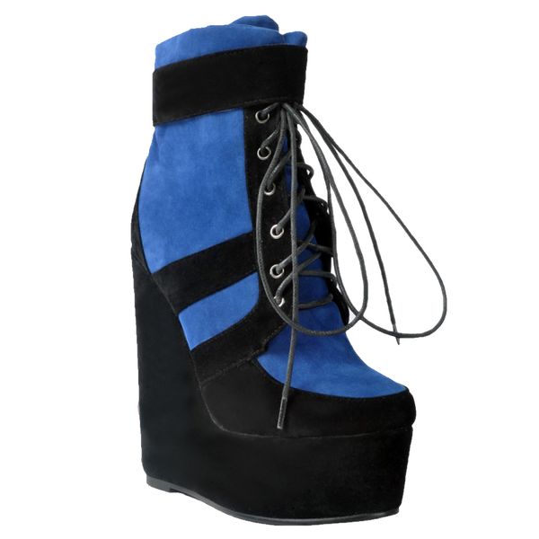 

kolnoo womens handmade wadge heel kid-suede ankle boots lace-up patchwork party fashion winter shoes black xd394