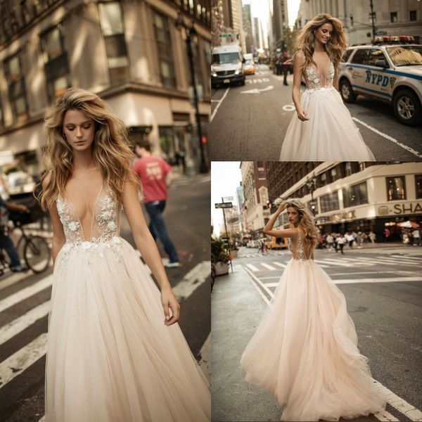 

berta 2020 deep v neck see-through wedding dresses beaded flowers full tulle a line wedding gowns custom made beach bridal gowns, White