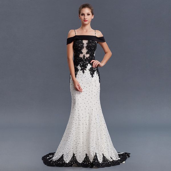 

new arrive elegant bateau thin straps black lace applique long evening dress black beaded floor length mermaid prom formal party dress, Black;red