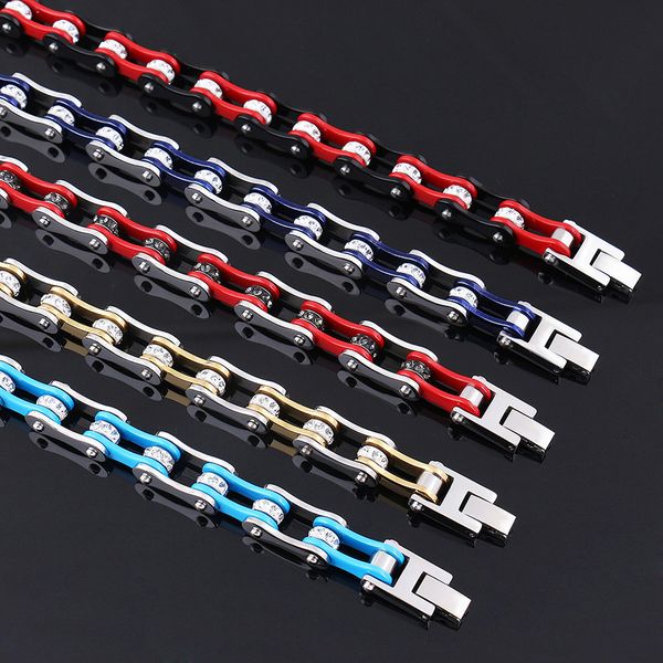 

12 мм * 21 см мужская нержавеющая сталь прозрачный кристалл велосипед цепи мотоцикл ссылка браслет панк готический тип 316L Титана Стальной браслет Jewe