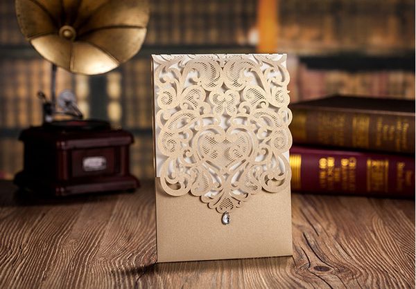 

wholesale- laser pattern invitation cards with diamond light gold 186*128mm for wedding including envelopes & seals