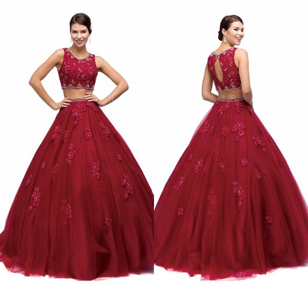 2020 Бургундия двух кусок Quinceanera Платья Ball Clange Sweet 16 Платье Кружева Аппликации Бисероплетенные Backblob Long Sweep Train Party Prom