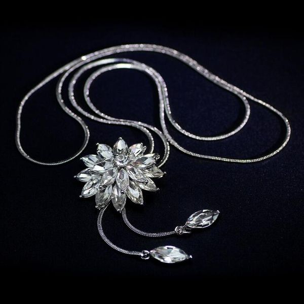 

zircon snowflake long necklace sweater chain fashion fine metal chain crystal rhinestone flower pendant necklaces adjusted, Silver