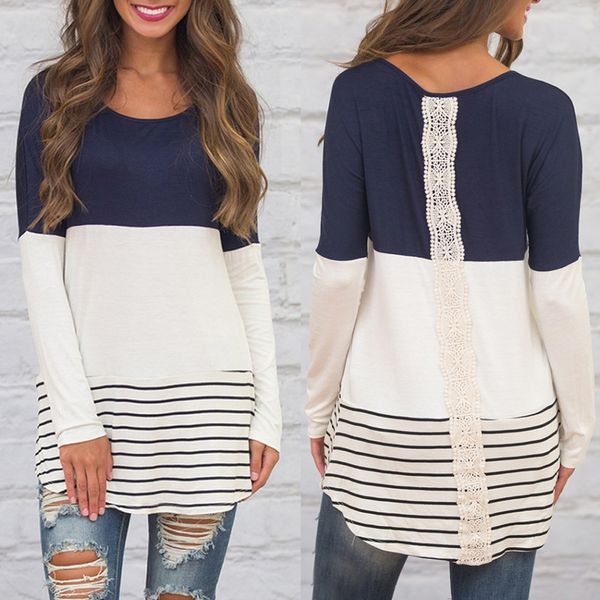 

fashion new arrival women clothing lady o-neck long sleeve contrast color striped lace patchwork tunic female t-shirt, White