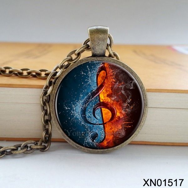 

wholesale-fashion musical notes necklace music is one half water and one half fire zinc alloy glass pendant retro necklace, Silver