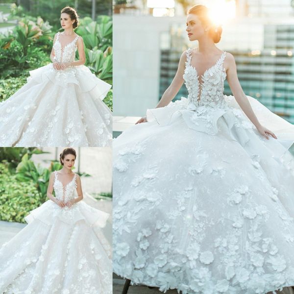 Abiti da sposa in pizzo bianco con applicazioni di sfera Abiti da sposa 2017 Primavera Estate Sheer Neck senza maniche Peplo Abiti da sposa Abiti da sposa su misura