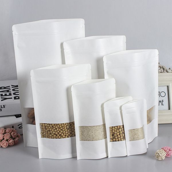 

White kraft paper bag tand up pouch with window kraft mall retail bag food grade moi ture proof for nack