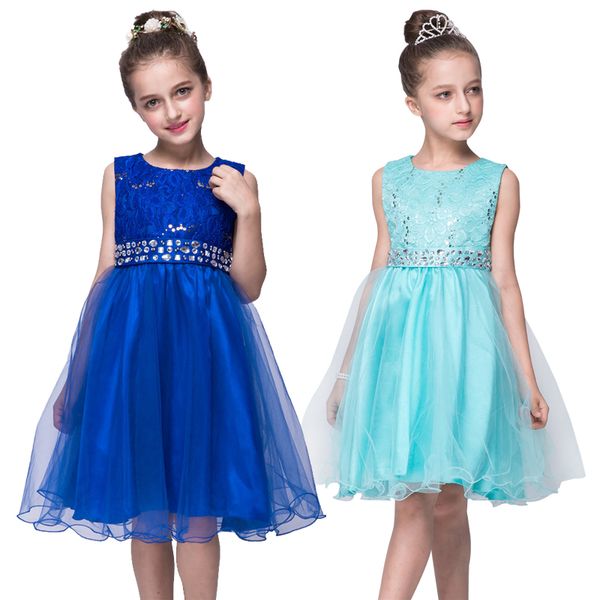 

girls kids sleeveless lace flower rhinestones dress princess tulles layers dress birthday party wedding dress ing, Red;yellow