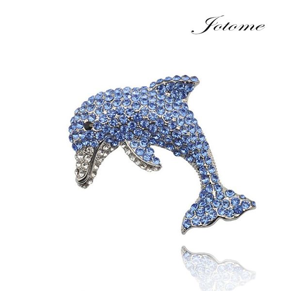 100 bellissime spille di delfino con strass di cristallo blu Spilla di pesce animale tono argento come regalo per le donne