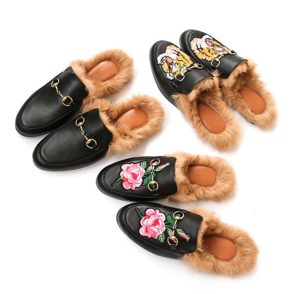 

classic fall winter embroidery flowers and tiger fur slippers women shoes flat heels lazy warm wool flipflop mules loafer shoes for women, Black