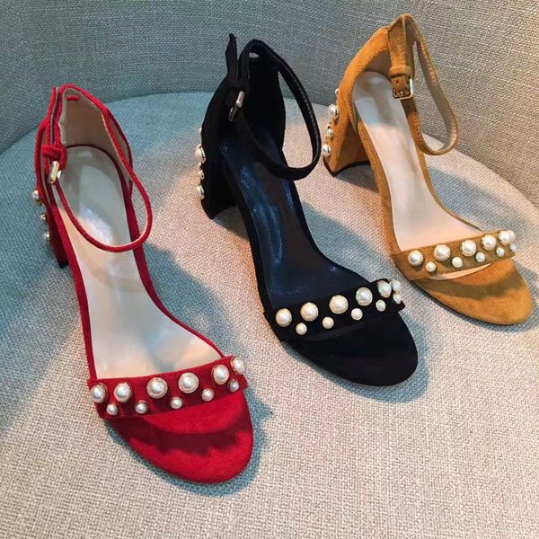 

Free shipping pearl beaded strap suede genuine leather chunky kitten heel sandals