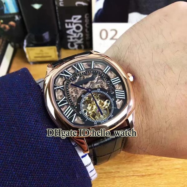 

Drive de keleton hollow tourbillon automatic men watch ro e gold leather trap new fa hion watche