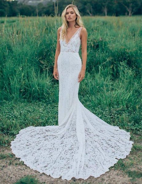 

сексуальные глубокие v-образным вырезом с открытой спиной русалка свадебные платья полный кружевной без рукавов с скользящим шлейфом свадебн, White