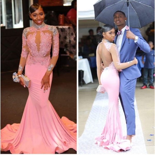 

2021 pink lace evening gown mermaid dress long sleeve prom dresses, Black