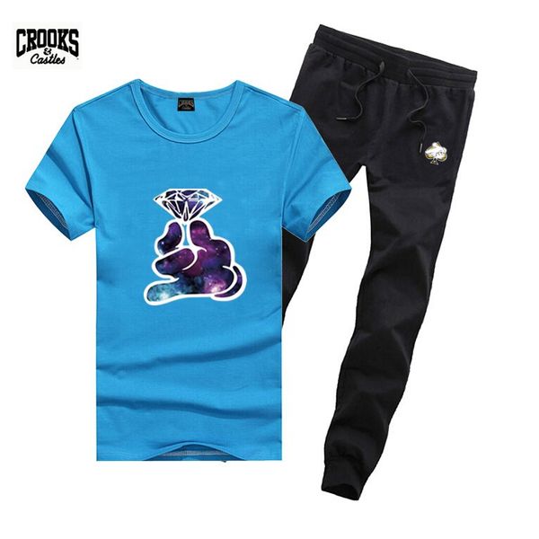 

m2011 men's crooks and castles s-5xl tracksuits t shirts + long pants skateboard solid hip hop letter leisure suit, Gray