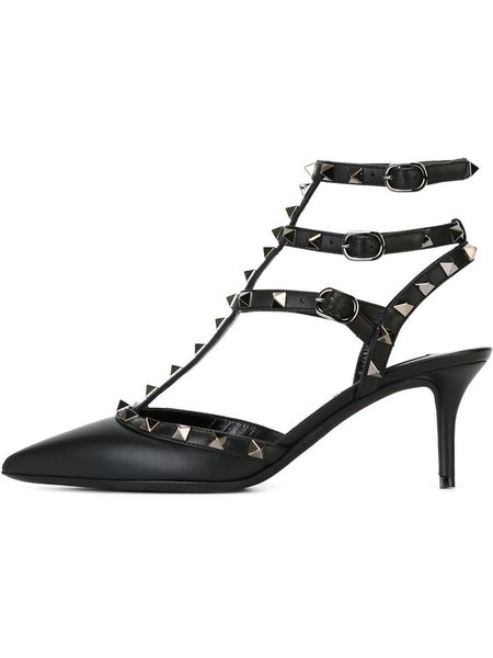 

zandina women handmade fashion 65mm mid heel shoes pointy studded three straps party dress office pumps, Black