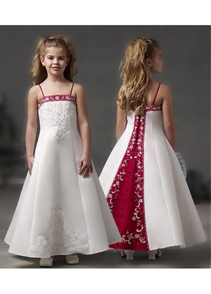 

белый и красный вышивка девушки цветка платья горячий продавать новый спагетти ремень длина лодыжки трапеция атлас детские платья свадебный, White;blue