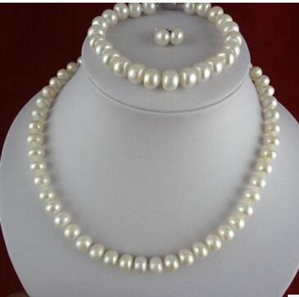 9 -- 10 mm flache Perlenkette, dreiteiliges Set aus Perlenkette, authentisch natürlich