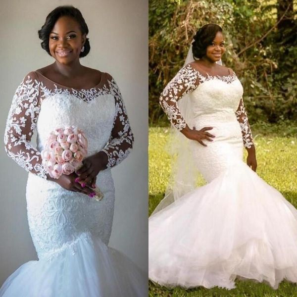 

african long sleeves plus size mermaid wedding dresses custom made lace appliques bridal gowns tulle trumpet vestidos de novia scoop neck, White