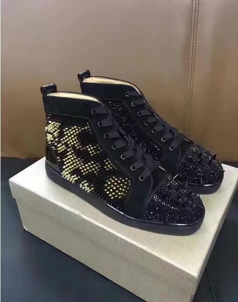 

with box]men - glitter leather sneakers pik pik spikes red bottom outdoor party wedding flats luxury leisure flats high casual sand, Black
