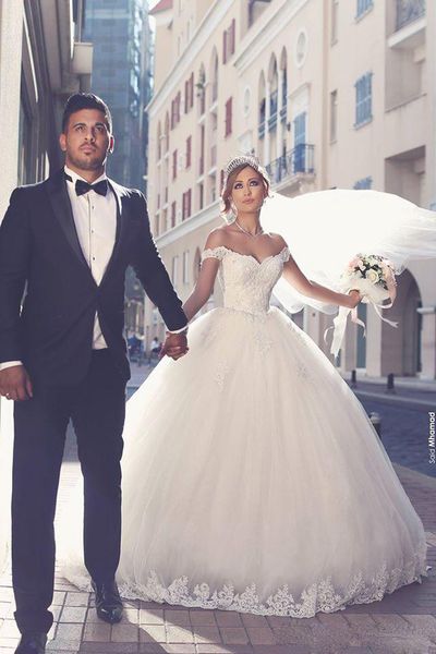 

said mhamad arabic lace wedding dresses appliques off-the-shoulder tulle bridal ball gowns wedding gowns chinese custom made, White