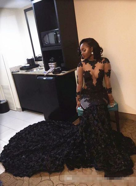 

Ca cading ruffle 2017 new black lace applique prom dre e heer mermaid long leeve illu ion tyle weep train evening gown