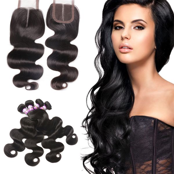 

badshop brazilian body wave human hair bundles with lace closure body wave with 4x4 lace closure 9a body wave human hair and closure, Black