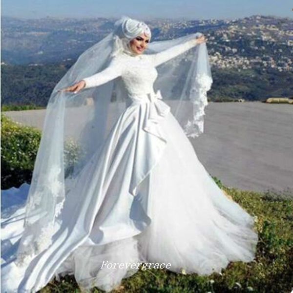 Vintage Lange Ärmel Ballkleid Islamisches Hochzeitskleid Puffy Mit Hijab Arabische Muslimische Frauen Brautkleid Plus Größe