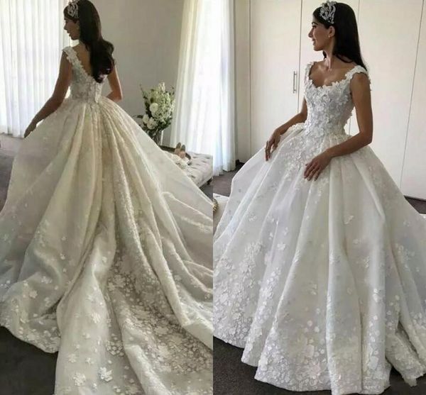 

romantic elegant ivory a line satin wedding dresses 2018 scoop neckline lace appliqued puffy chapel train bridal gowns vintage arabic, White