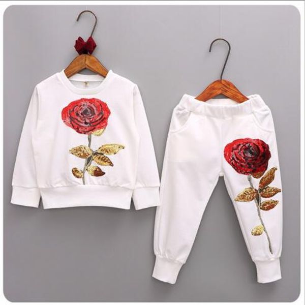 

ins kids clothing sets girl boy paillette flowers casual sport kids sets white and black rose print sporting clothing sets 3-7t