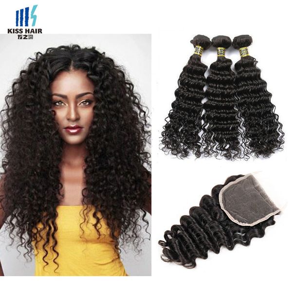

глубокая волна волос remy 3 пачки с lace closure высокого качества 9а сырое девственницы индийский бразильский волос малазийский завитые дев, Black