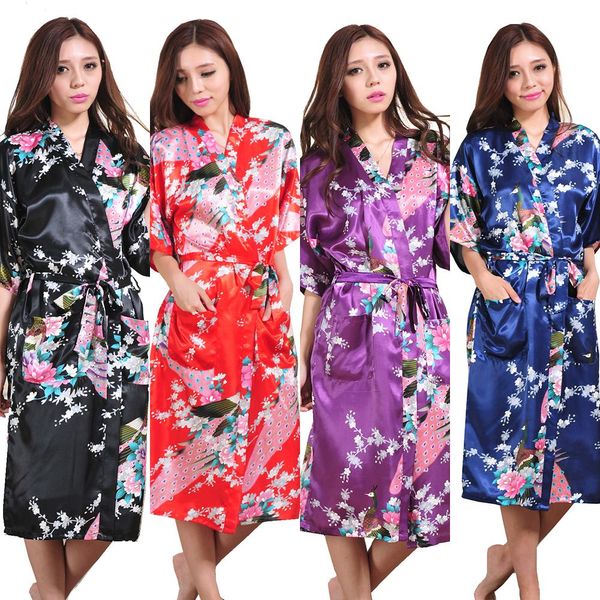 

wholesale- rb053 2016 rayon longue bathrobe womens kimono satin long robe lingerie nightgown sleepwear with belt xxxl, Black;red