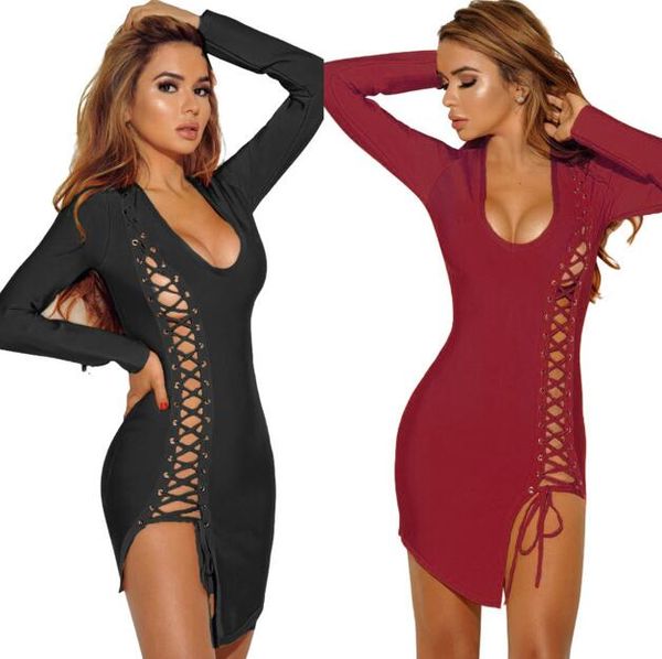 

сексуальные женщины платье окунуться v-образным вырезом крест ремни спереди с длинным рукавом bodycon бандаж платье плюс размер xl мини цель, White;black