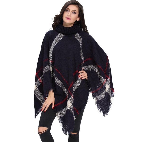 

wholesale- [visual axles] 2016 plus size winter warm women's wool turtleneck sleeveless pullovers plaid knit sweater poncho, White;black