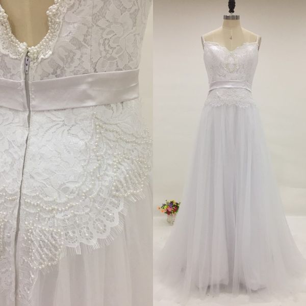 

real picture beach wedding dress a line spaghetti straps exquisite pearls lace tulle country wedding dresses backless bridal gowns sash, White