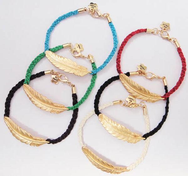 

good a++ diy hand weaving rope feathers female alloy leaves bracelet fb534 mix order 20 pieces a lot link, chain, Black
