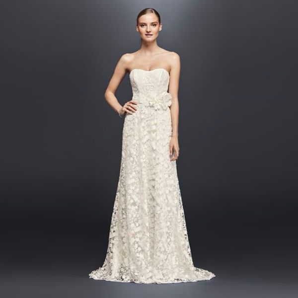 

embroidered lace wedding dress with floral sash strapless a-line bridal gowns with 3d handmade flowers sweep train cr341703, White