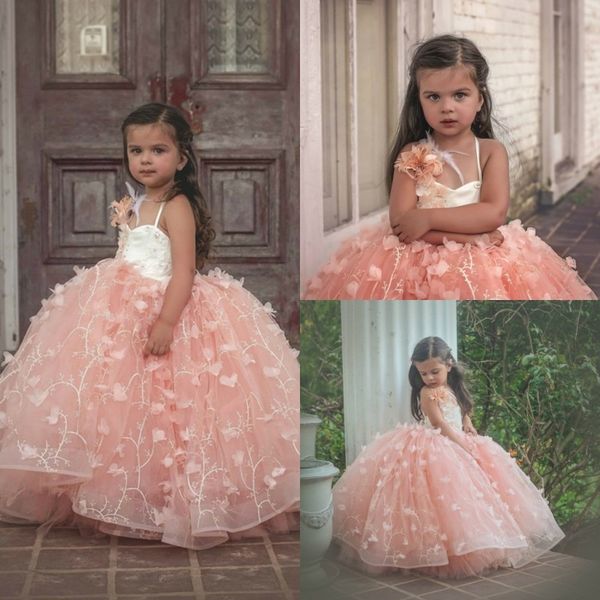 

blush 3d floral appliques feather flower girl dresses bead ball gown tulle vintage girls pageant gowns, White;blue