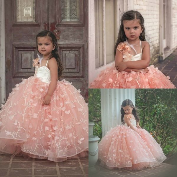 Blush 3D Floral Appliques Feather Flower Girl Abiti con perline Ball Gown Tulle Abiti da spettacolo per ragazze vintage