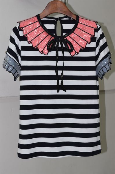 

2017 Brand Same Style T Shirts Crew Neck Short Embroidery Sequins T Shirt Women Stripe Falbala Summer G803