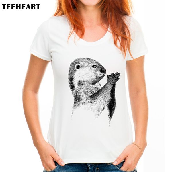 

wholesale- teeheart women summer novelty otter sketch design t shirt fashion animal tee shirts px687, White