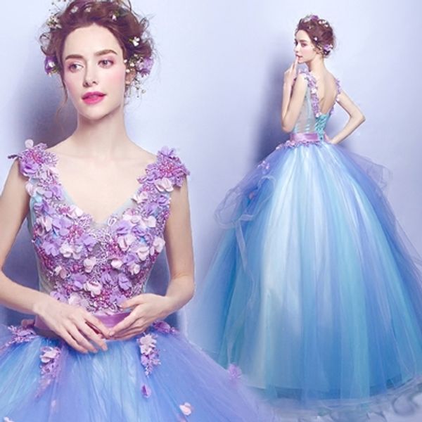 

2017 new fashion hand made flowers wedding dresses fancy applique sleeveless backless prom girls pageant dress ball gown, White